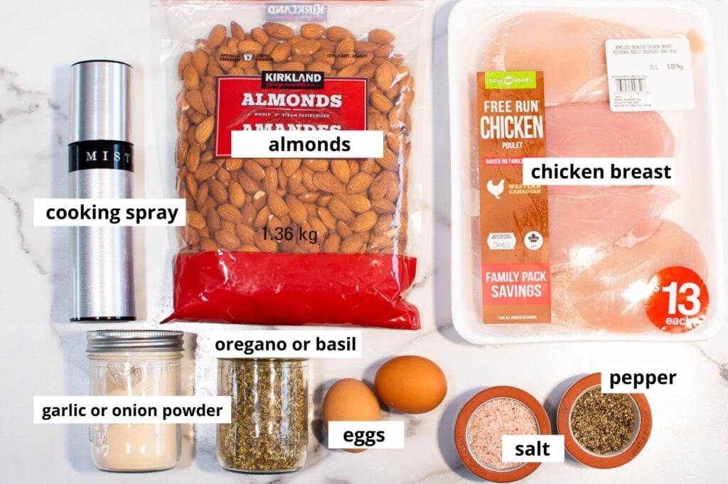 Almonds, eggs, chicken breast, oregano, garlic powder, cooking spray, salt and pepper.