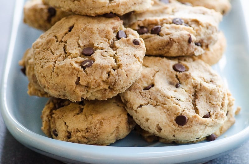 Blue plate of almond flour chocolate chip cookies.