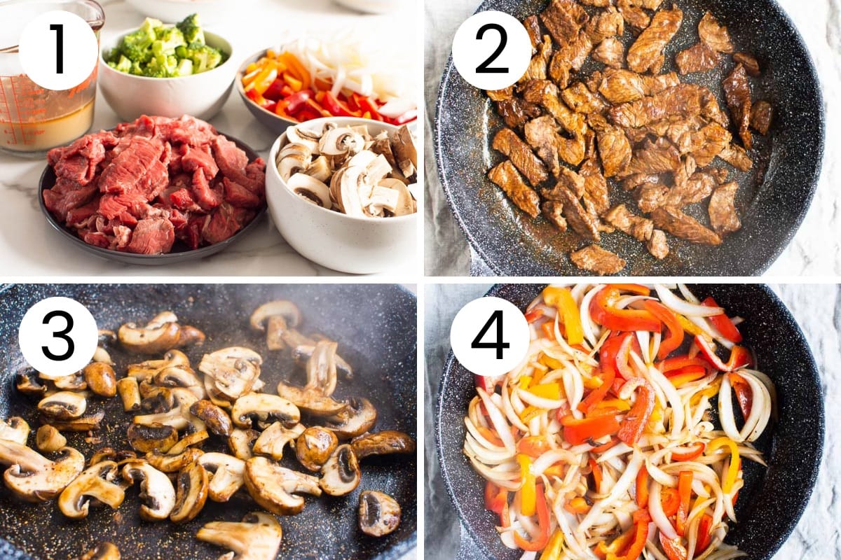 Prepped ingredients for stir fry and stir fried meat and veggies.