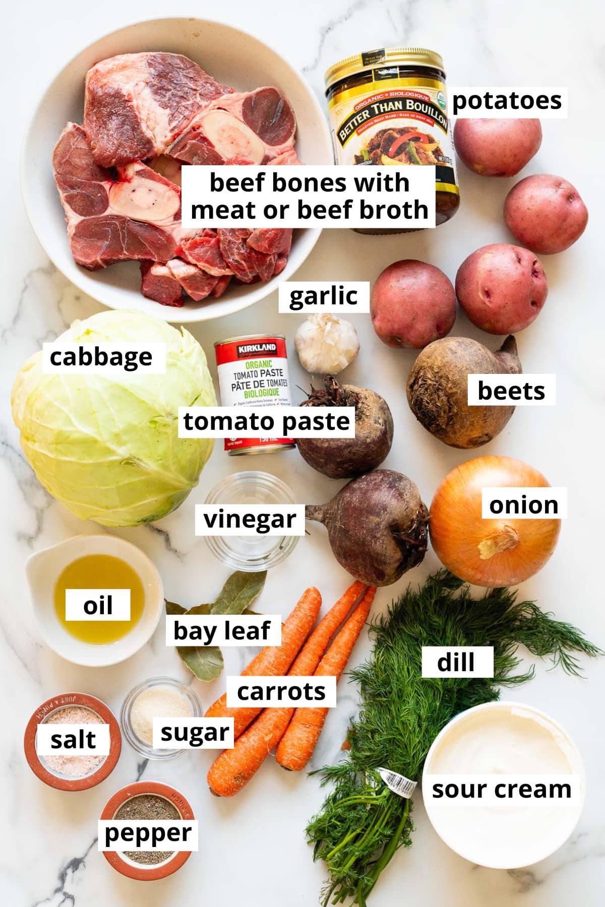 Cabbage, beets, onion, carrots, potatoes, beef broth, beef bones, oil, tomato paste, bay leaves, vinegar, sugar, salt, pepper, garlic, dill, sour cream.
