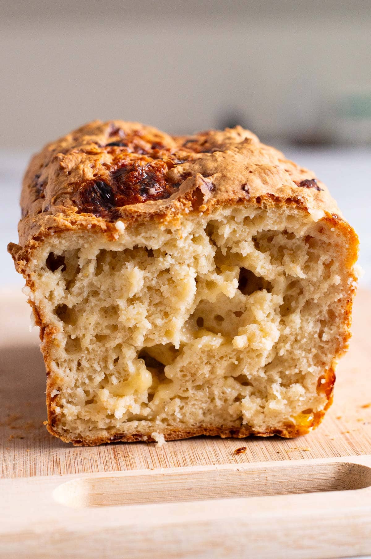 Bread was cottage cheese sliced and showing texture inside.
