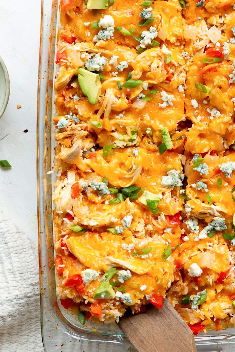 Closeup of buffalo chicken casserole.
