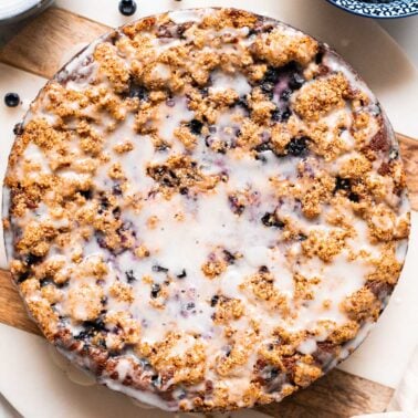 Blueberry coffee cake with icing.