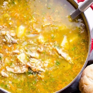 Buckwheat soup with chicken and potatoes in red pot with laddle.