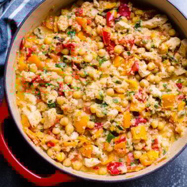 Chicken chickpea stew in a pot.