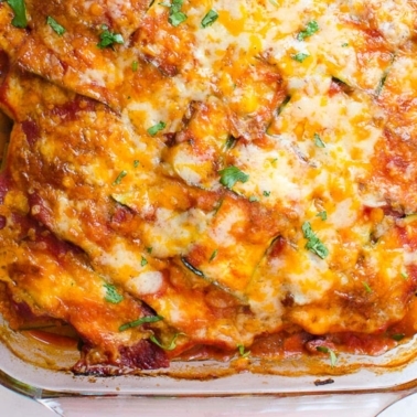 Chicken zucchini casserole in baking dish.
