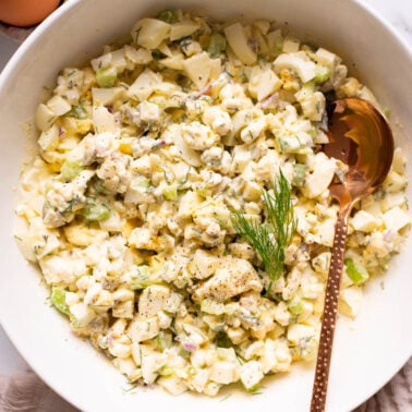 Cottage cheese egg salad in a bowl with a spoon. Dill sprig on top of salad.