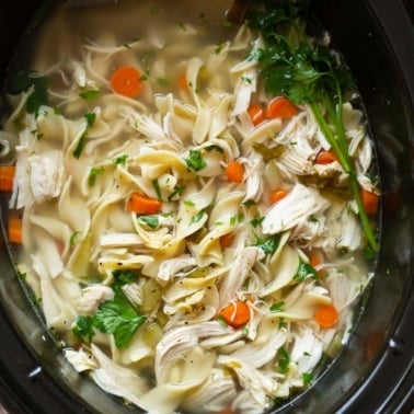 Crockpot chicken noodle soup with parsley in black slow cooker.