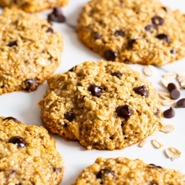 Healthy banana oatmeal cookies on a counter.
