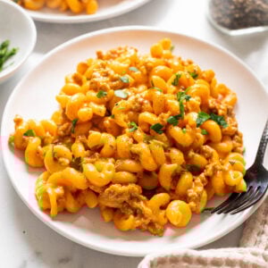 Ground Turkey Hamburger Helper served on plates with forks.