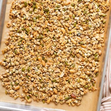 High protein granola on a baking sheet.