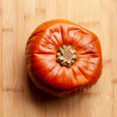 Whole roasted sugar pumpkin on a cutting board.