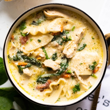 Instant Pot white chicken lasagna soup served in a bowl.