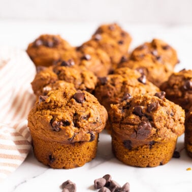 12 pumpkin chocolate chip muffins and a few chocolate chips around them with linen towel on a countertop.