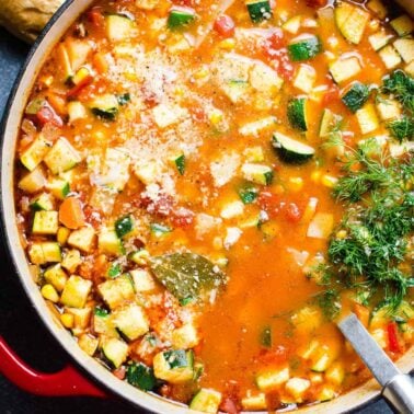 Best ever vegetable soup in red pot with parmesan and dill garnish.