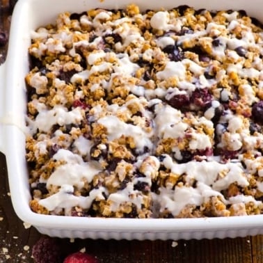 Healthy coffee cake with blueberries in baking dish.