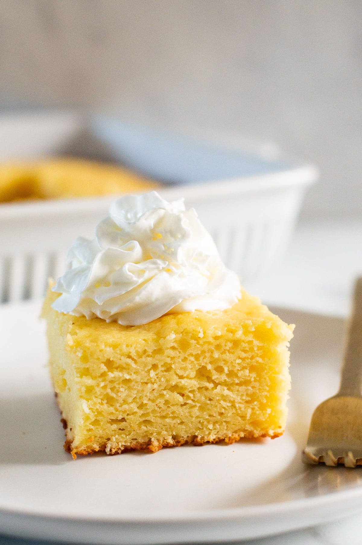 A slice of Greek yogurt cake with whipped cream served on a plate.