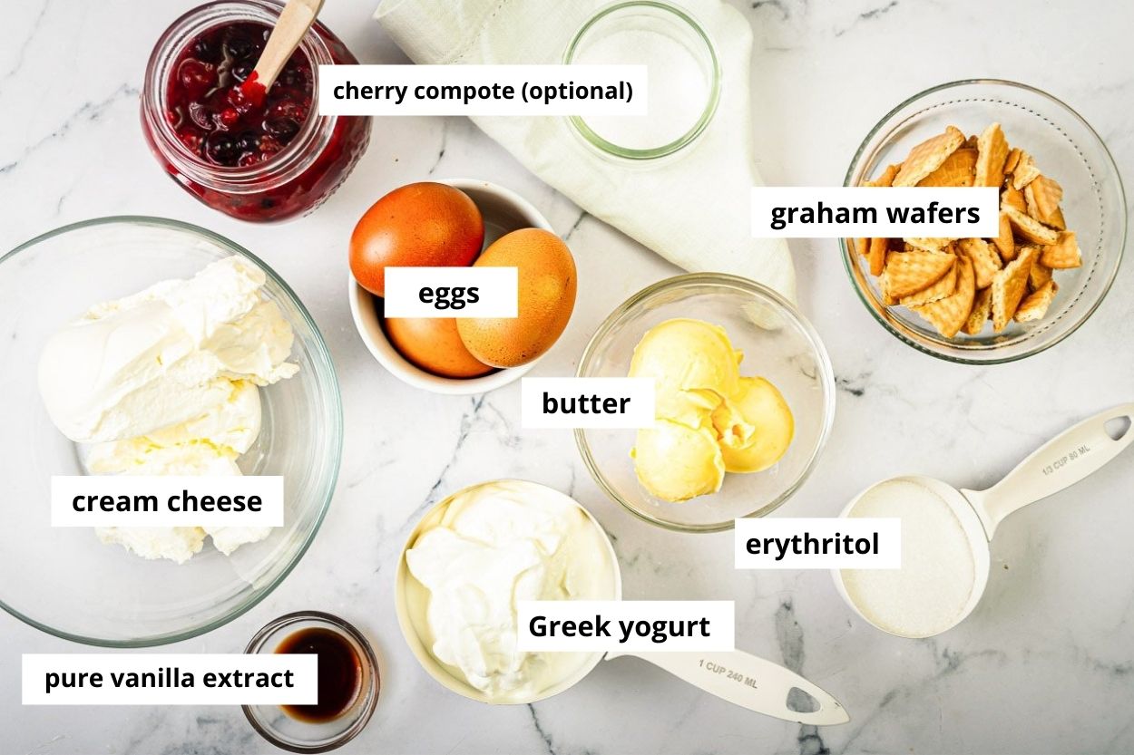 Greek yogurt, cream cheese, eggs, butter, cherry compote, graham crackers, erythritol, vanilla, cornstarch.