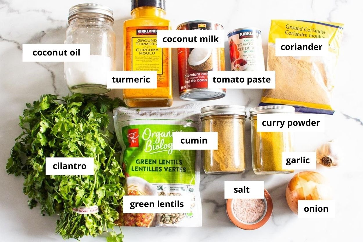 Green lentils, coconut milk, tomato paste, ground coriander, turmeric, coconut oil, cilantro, cumin, curry powder, garlic, onion, salt.