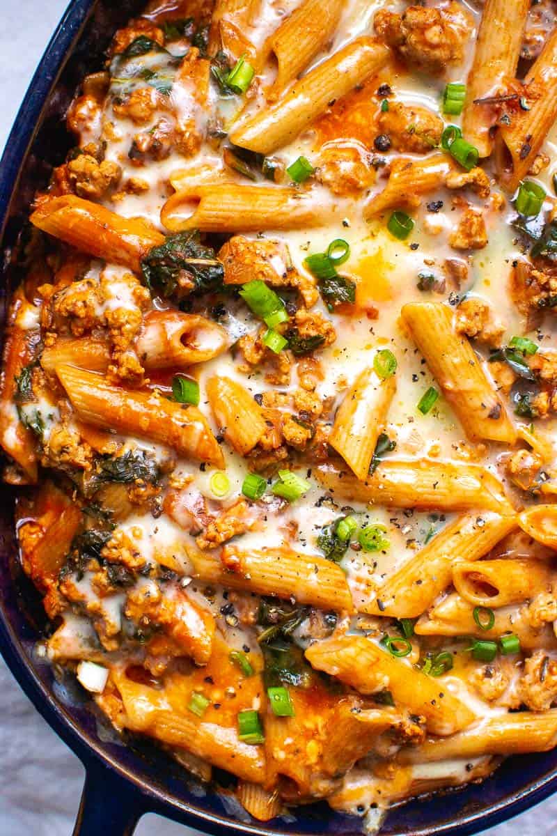 Ground Turkey Pasta Bake in a baking dish.