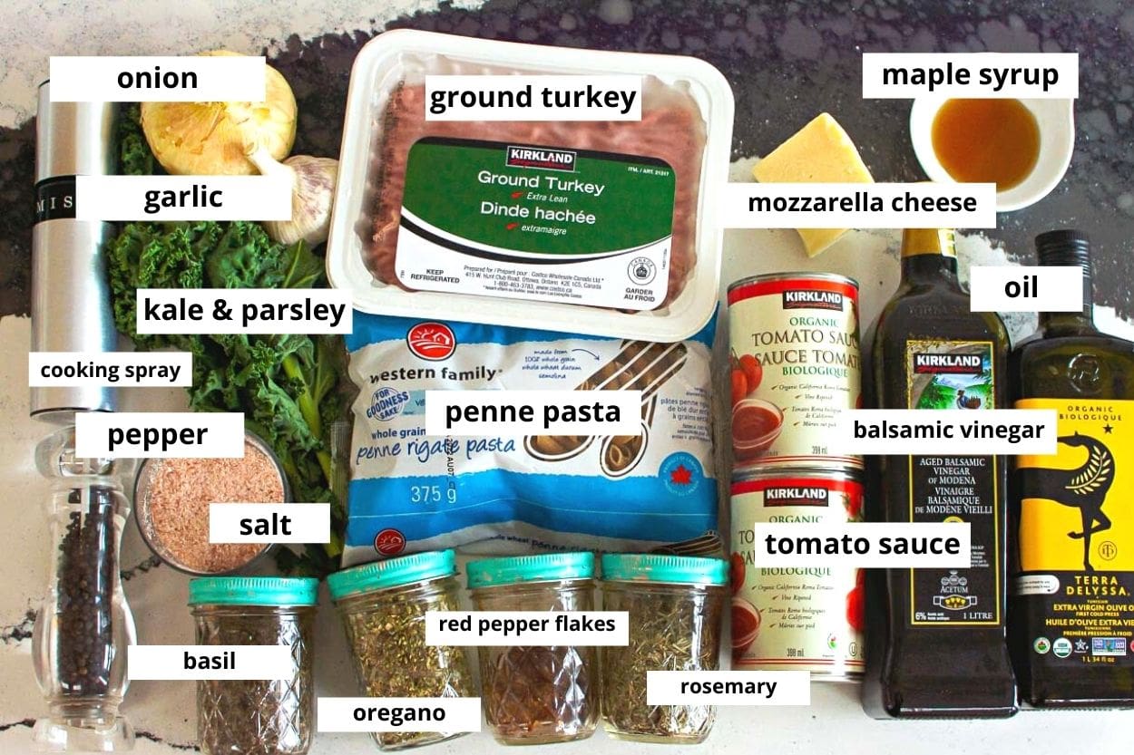 Ground turkey, pasta, mozzarella cheese, onion, garlic, kale, parsley, tomato sauce, balsamic vinegar, oil, .
