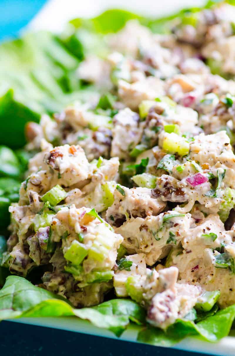 Healthy chicken salad served on top of lettuce leaves.