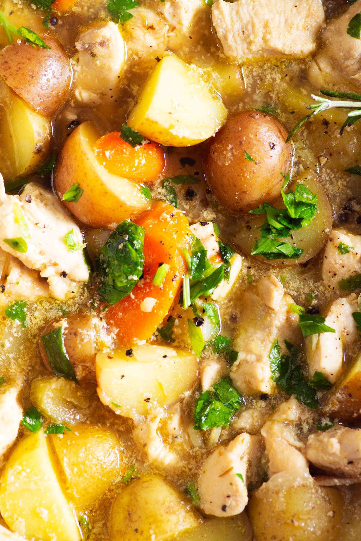 Close up of chicken stew with potatoes, carrots and fresh herbs.