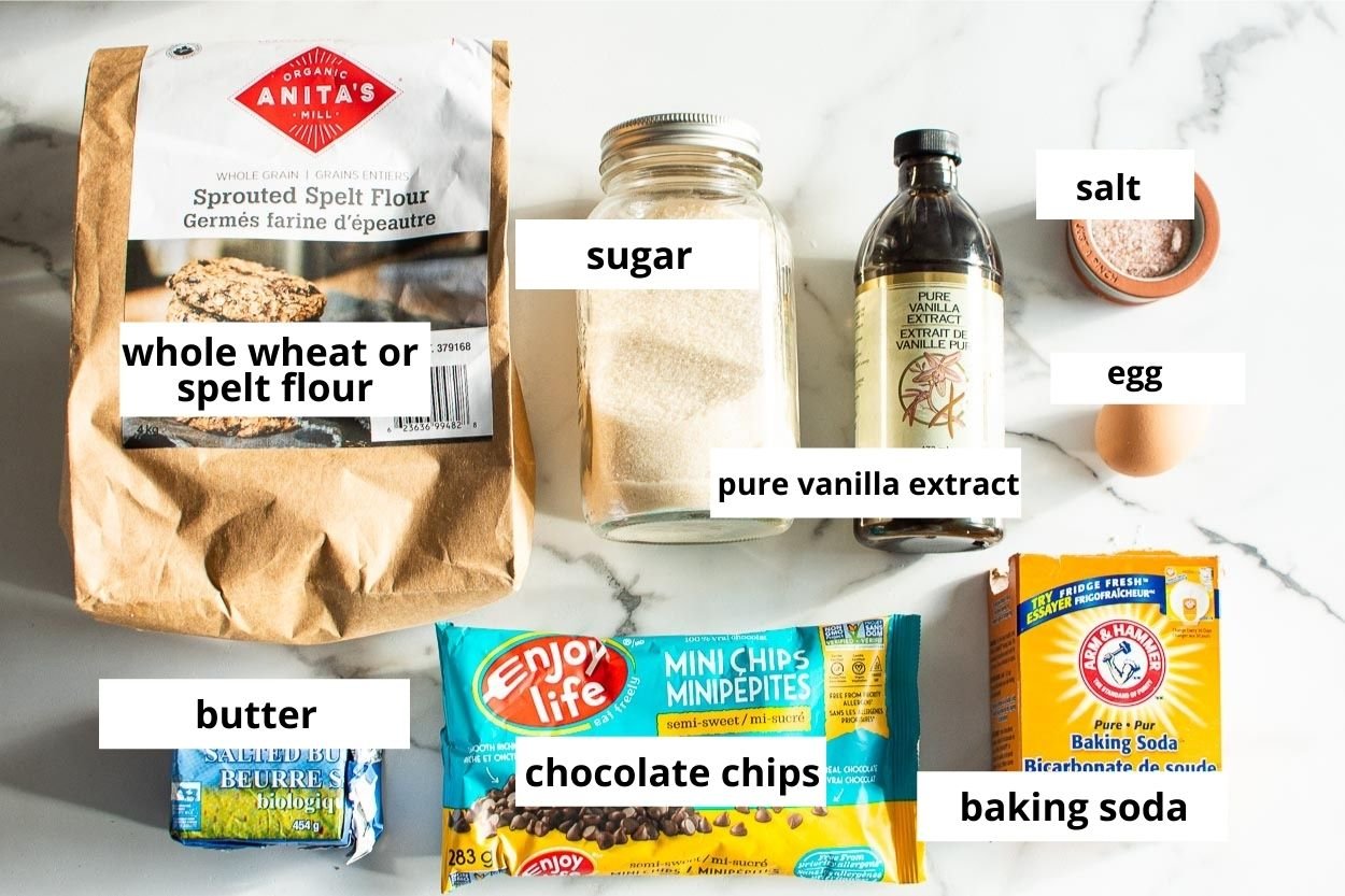 Whole wheat flour, sugar, salt, vanilla extract, egg, baking soda, chocolate chips, butter.