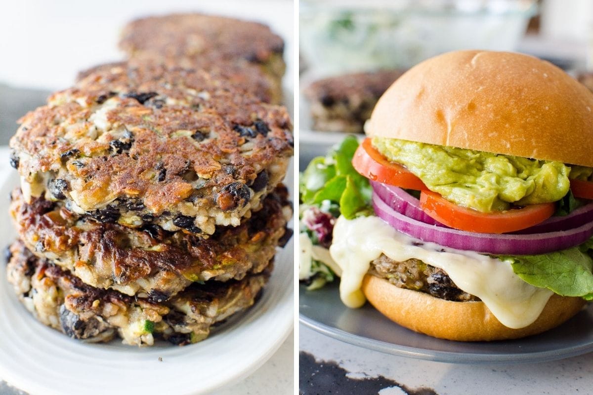 Black bean burgers patties and assembled black bean burger.