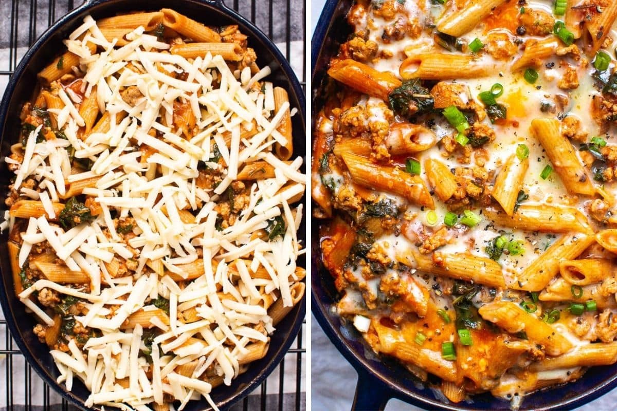 Ground turkey pasta bake assembled with cheese on top and then final dish.