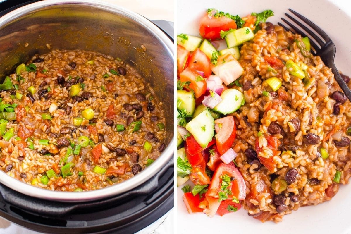 Instant pot rice and beans in a pressure cooker and then served with a salad in a bowl.
