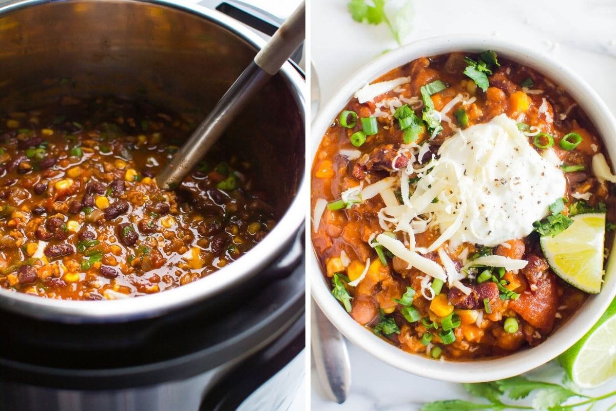 Instant pot turkey chili in a pressure cooker and a bowl with chili with sour cream and cheese.