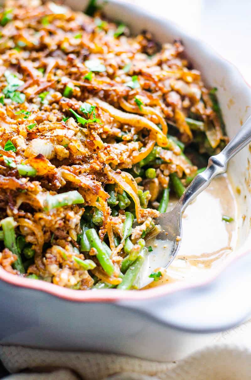 healthy green bean casserole in a white casserole dish