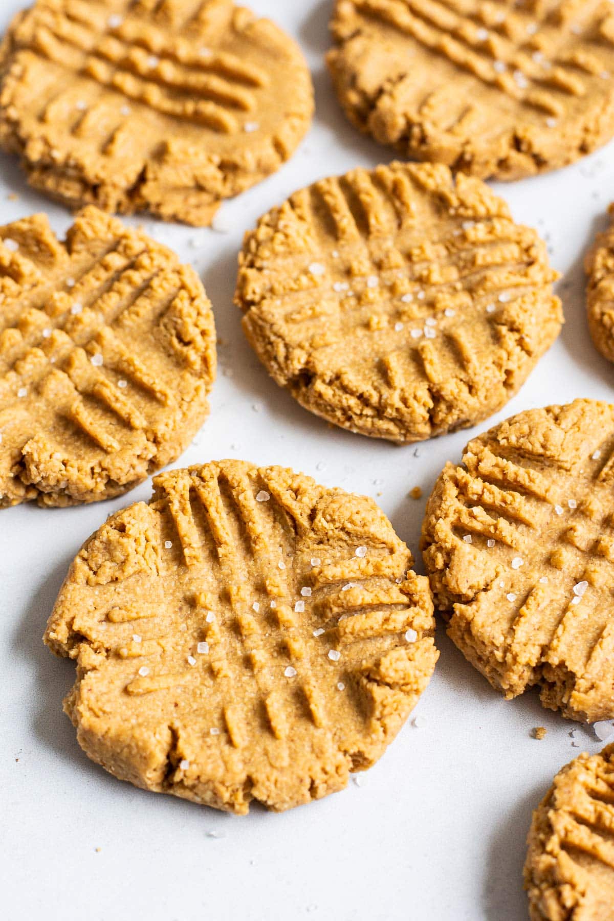 Healthy peanut butter cookies with criss cross marks and sprinkle of salt.