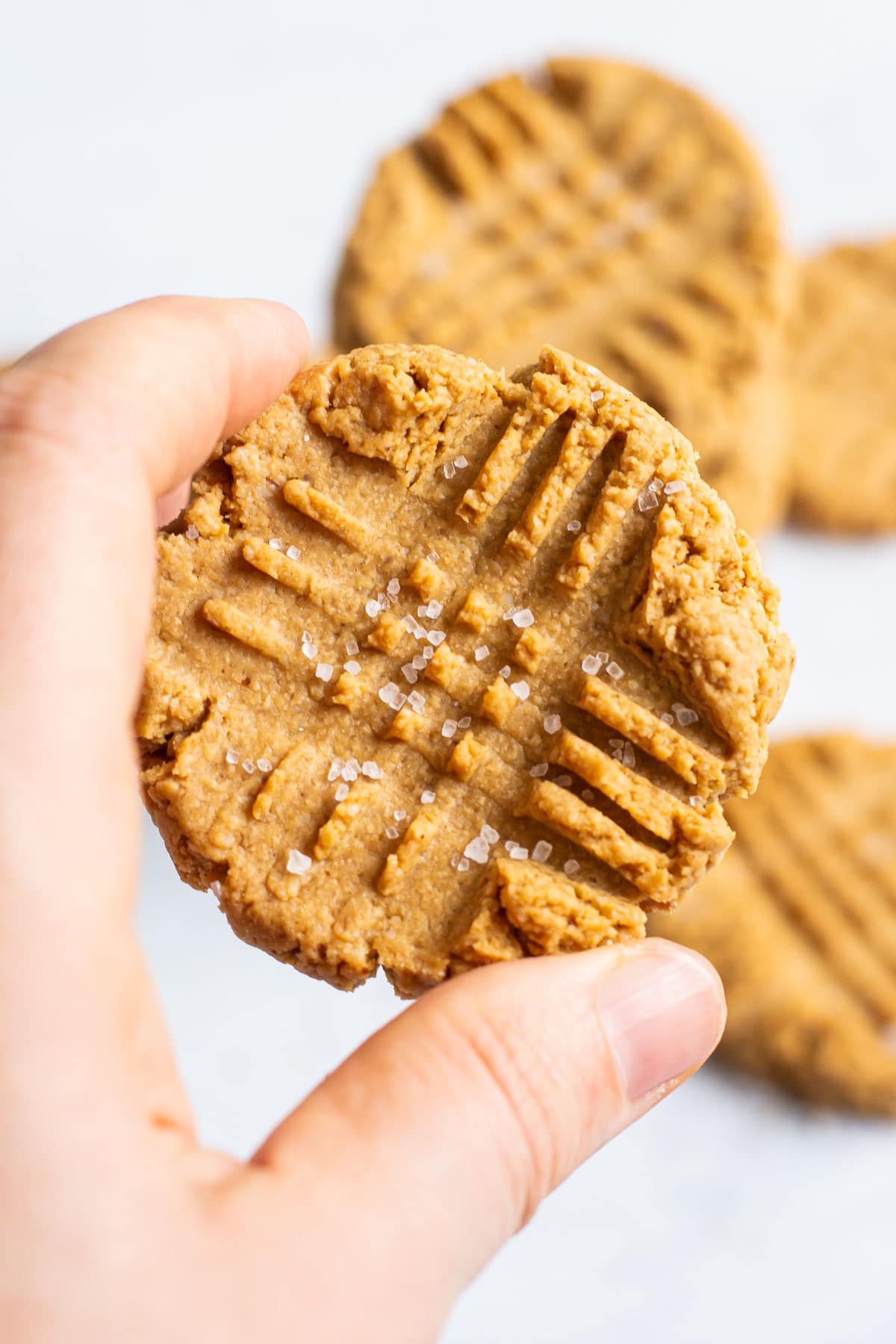 Person holding a peanut butter cookie sprinkled with sea salt.