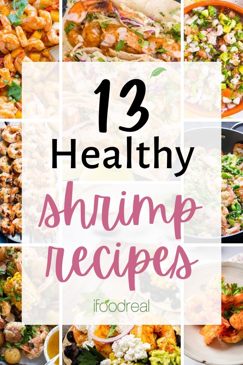 A collage of photos with healthy shrimp recipes.