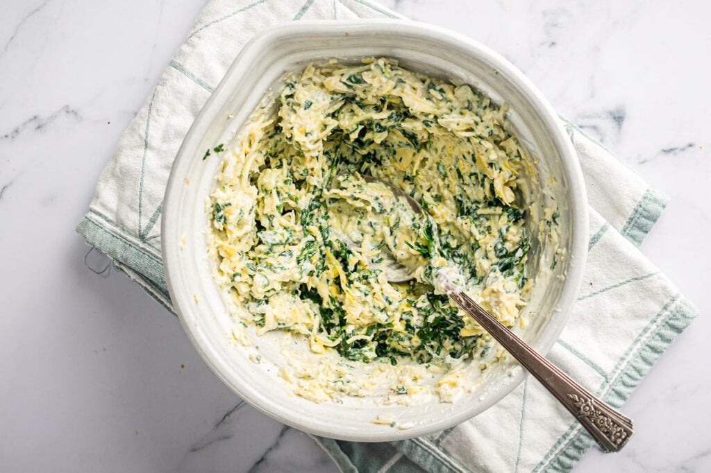 Stirred dip mixture in a bowl.