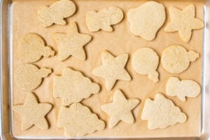 baked healthy sugar cookies on parchment lined pan