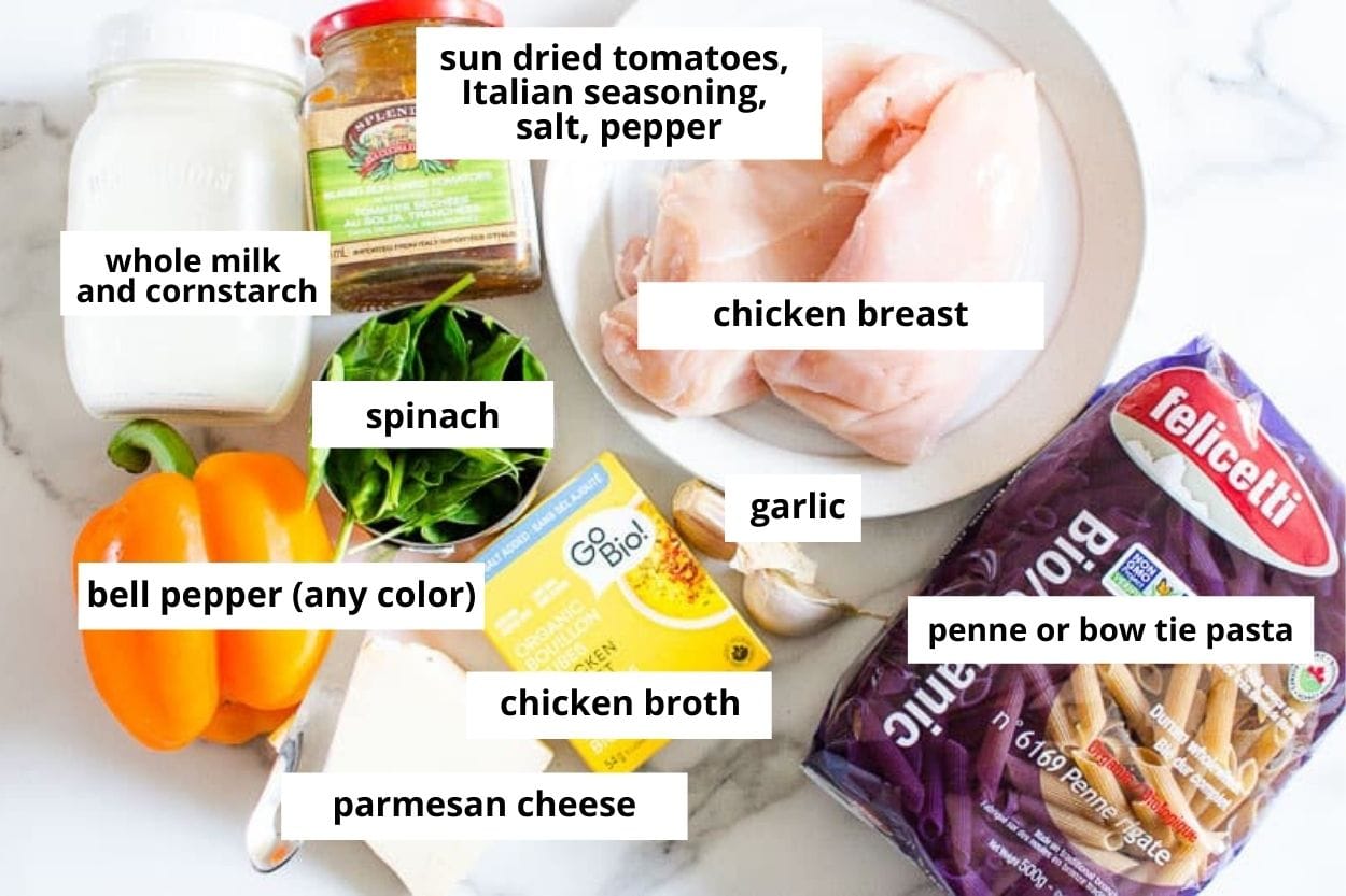 Chicken breast, penne pasta, sun dried tomatoes, bell pepper, chicken broth, spinach, parmesan cheese, garlic, milk and cornstarch.