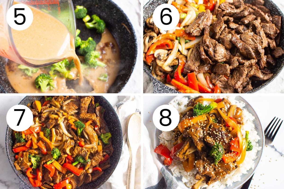 Combining beef stir fry sauce and ingredients to finish cooking the dish.