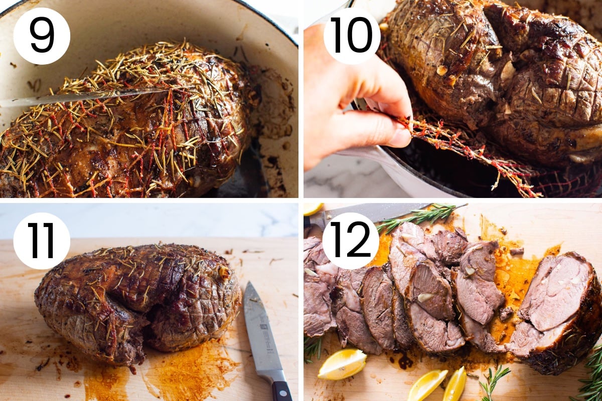 Person showing how to remove casing and slice the lamb roast.