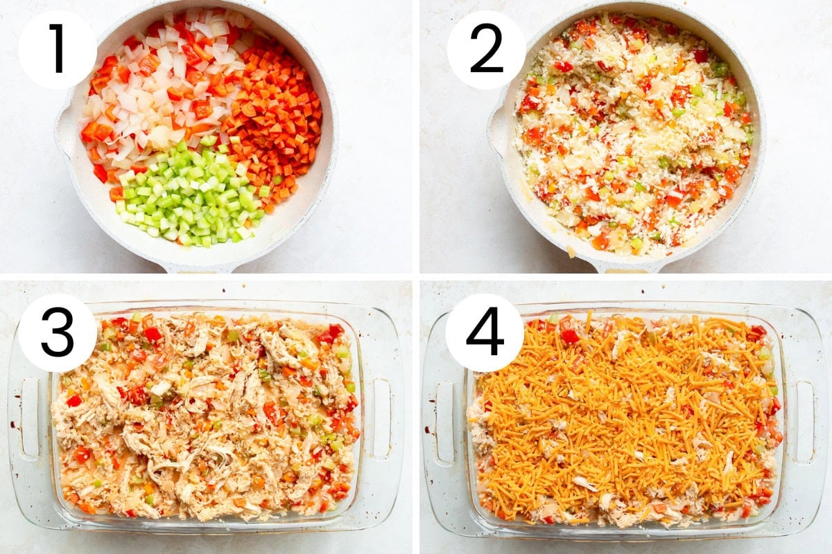 Step by step process how to make buffalo chicken casserole.