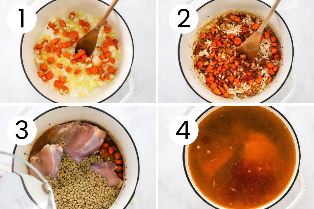 Step by step process how to make chicken soup with lentils.