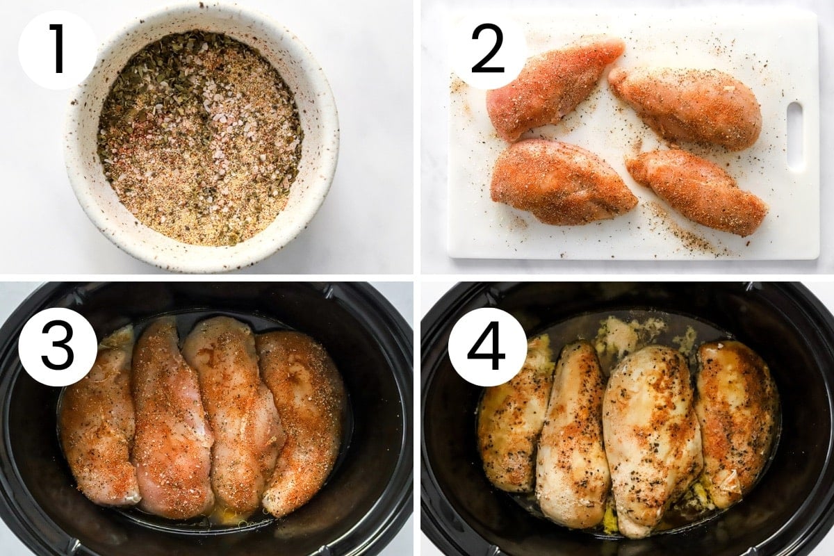 Step by step how to make chicken breasts in slow cooker.