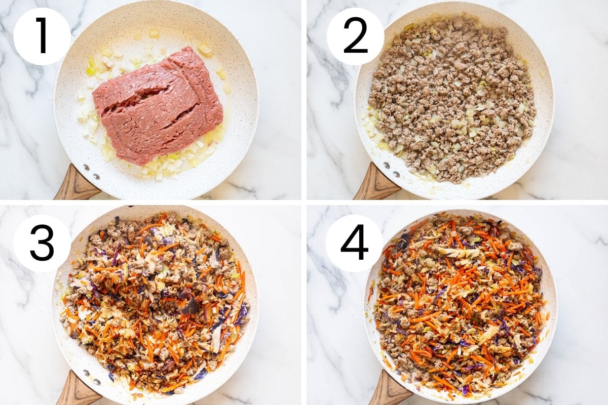Step by step process how to make egg roll in a bowl.