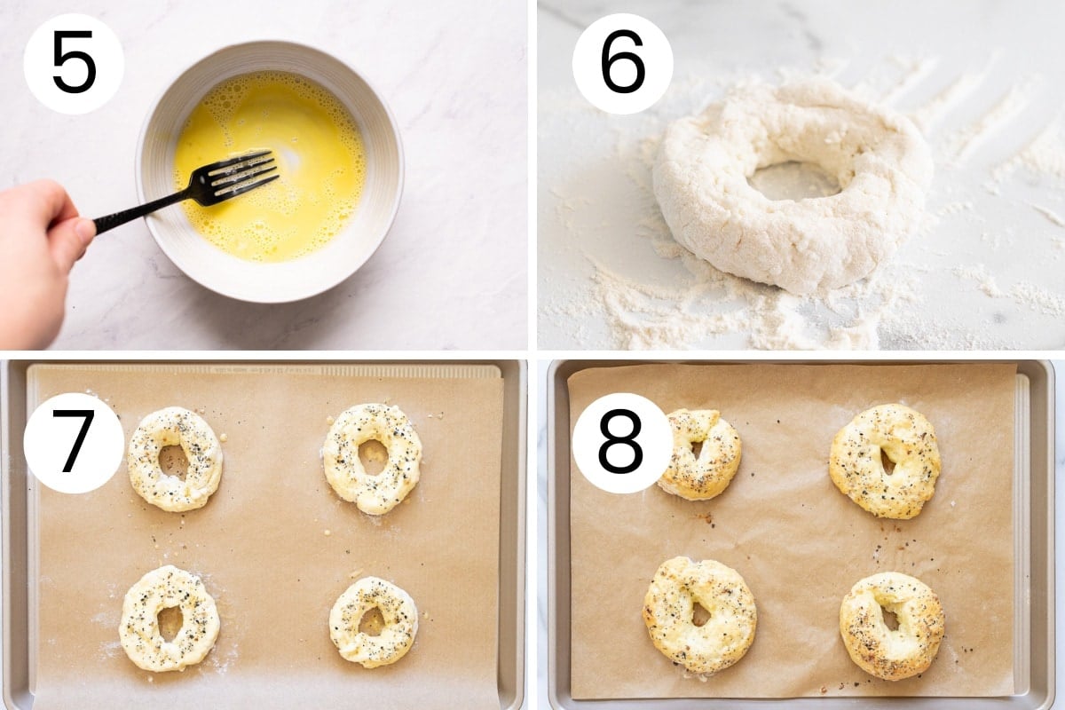 Step by step process how to make an egg wash and then form and bake protein bagels with cottage cheese.