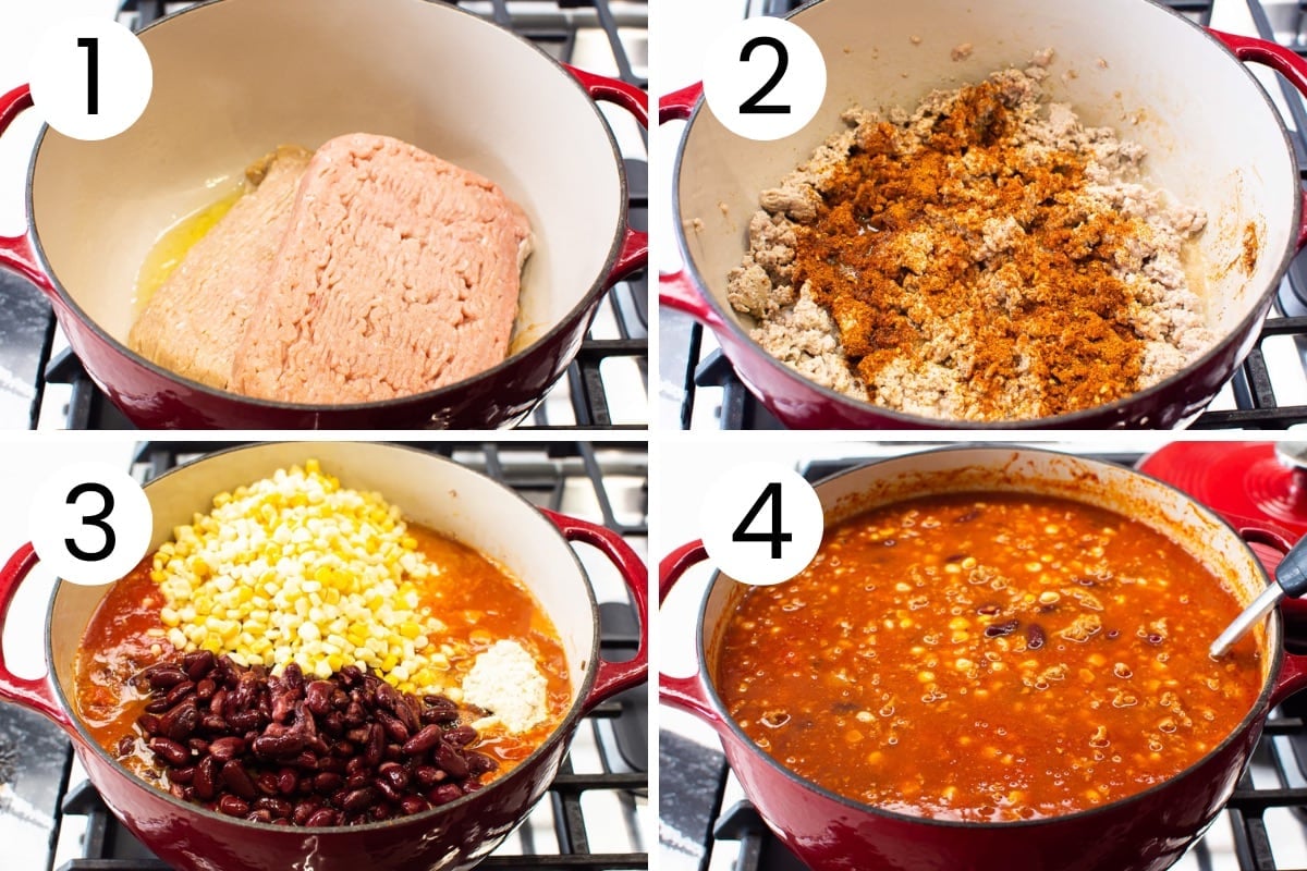 Step by step process how to make turkey taco soup on the stove.