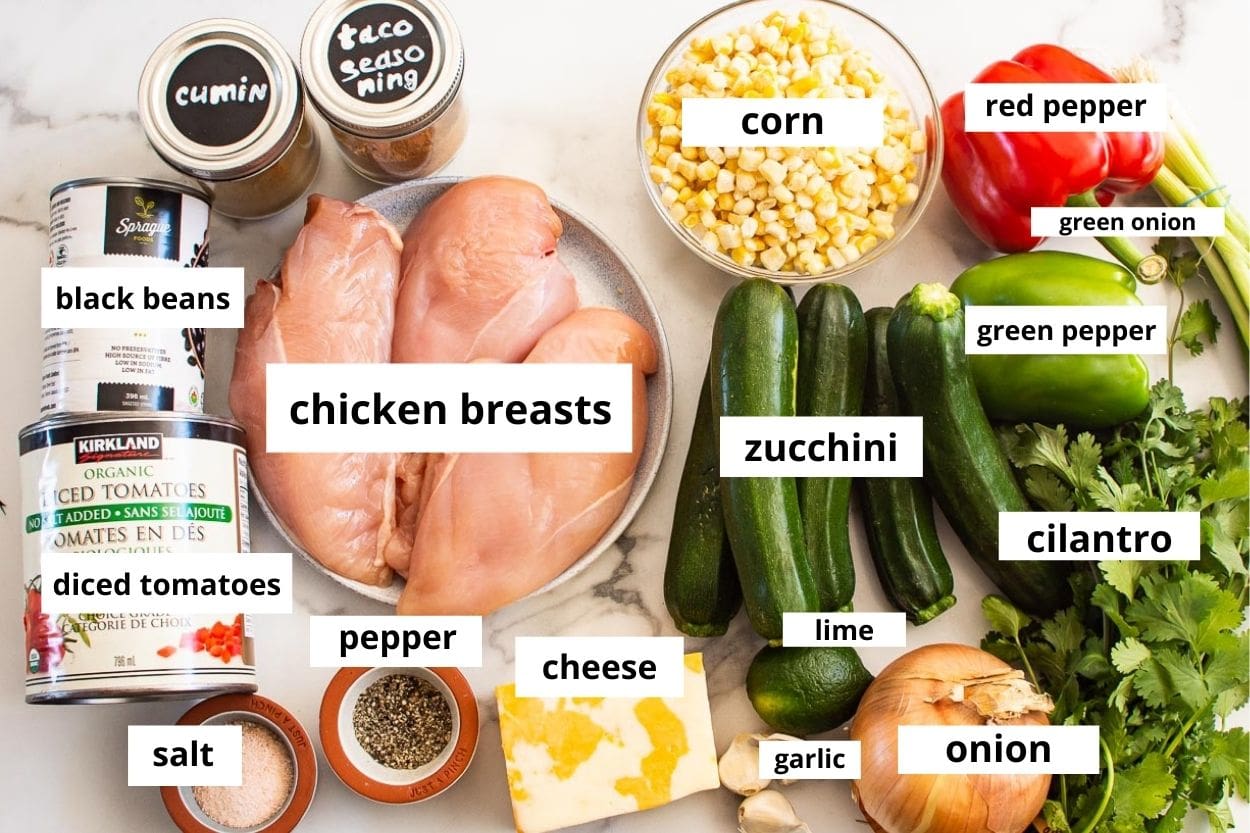 Chicken breasts, zucchini, corn, black beans, diced tomatoes, cheese, onion, bell pepper, cilantro, lime, garlic, green onion, spices.