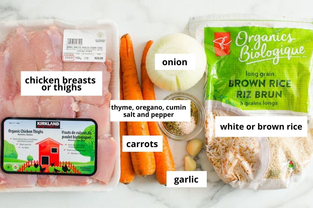 Chicken thighs, dried thyme, dried oregano, cumin, salt, pepper, onion, brown rice, carrots, garlic.