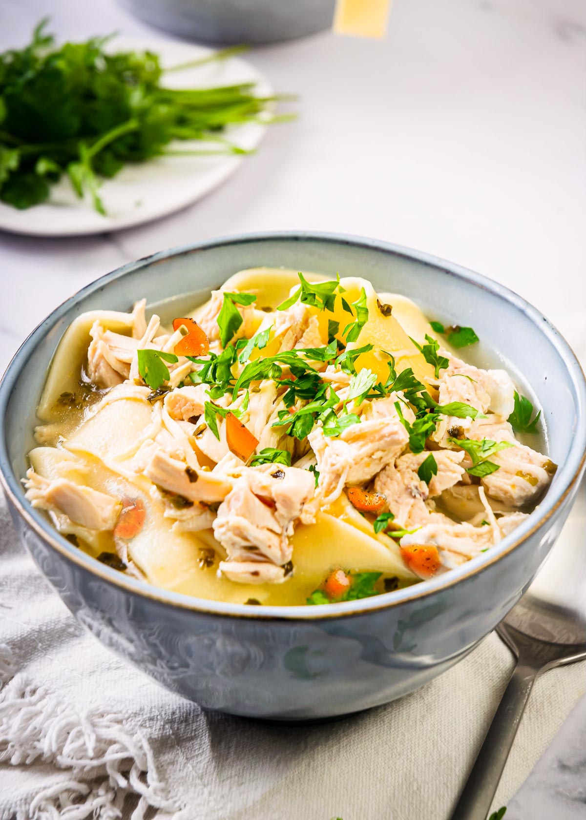 Instant pot chicken noodle soup in a bowl with a spoon beside bowl.